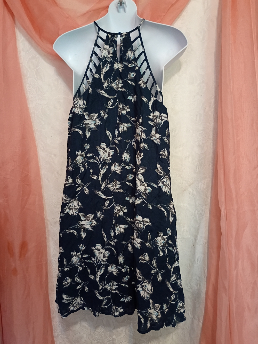 Mittoshop Ladies Navy Floral Halter Mini Dress Sz Lg - Picture 6 of 7